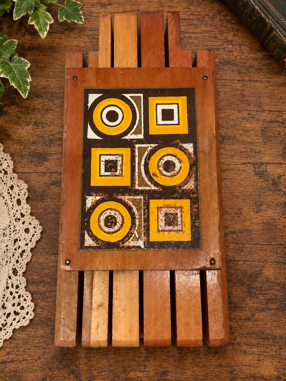 Vintage Imperial Japan Hardwood Wall Mail Holder MCM Geometric SienaWare Rack